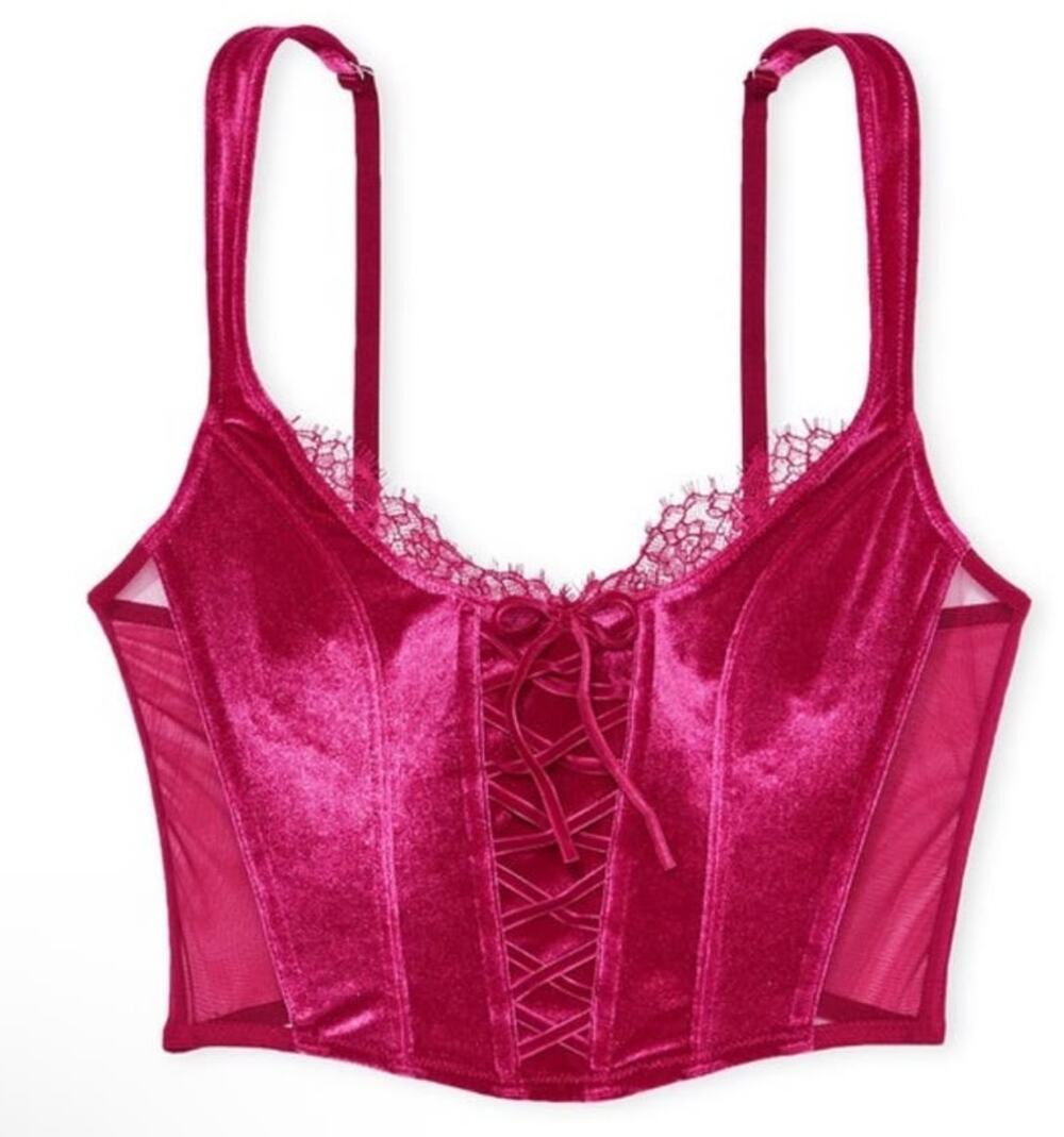 Victoria’s Secret Dream Angels Unlined Lace-Up Velvet Corset Top in Pink - L